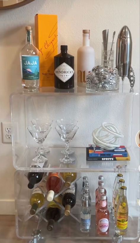 Bar Cart Aesthetic, Aesthetic Bar Cart, Bar Cart Inspo, Acrylic Bar Cart, Small Office Interior Design, Fun Glasses, My Bar, Acrylic Bar, Hangout Room