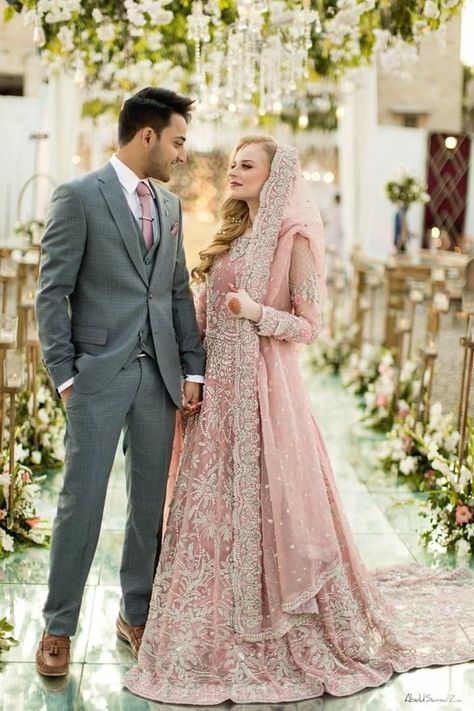 Bride And Groom Dress Combination Indian, Couple Pink Outfits, Nikah Video, Walima Outfit, Say Mashallah, Engagement Couple Dress, Engagement Dress For Groom, Indian Wedding Reception Outfits, Wedding Matching Outfits