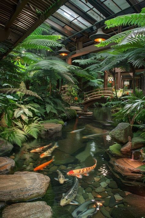 Indoor Coy Pond, Japanese Conservatory, Greenhouse Pond, Pond Indoor, Indoor Pond Ideas, Japanese Koi Pond, Meditation Gardens, Ponds Ideas, Pond Diy