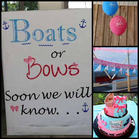 Boats Or Bows Gender Reveal, Boat Theme Gender Reveal, Boat Gender Reveal Ideas, Nautical Gender Reveal Ideas, Nautical Gender Reveal, Sports Gender Reveal, Fishing Gender Reveal, Bows Gender Reveal, Baby Shrimp