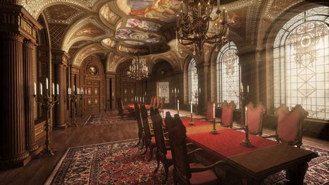 Baroque Grandeur by jacktomalin Anime Places, Castles Interior, Castle Art, Baroque Architecture, Dining Hall, Fantasy Castle, Environment Concept Art, School Architecture, College Art