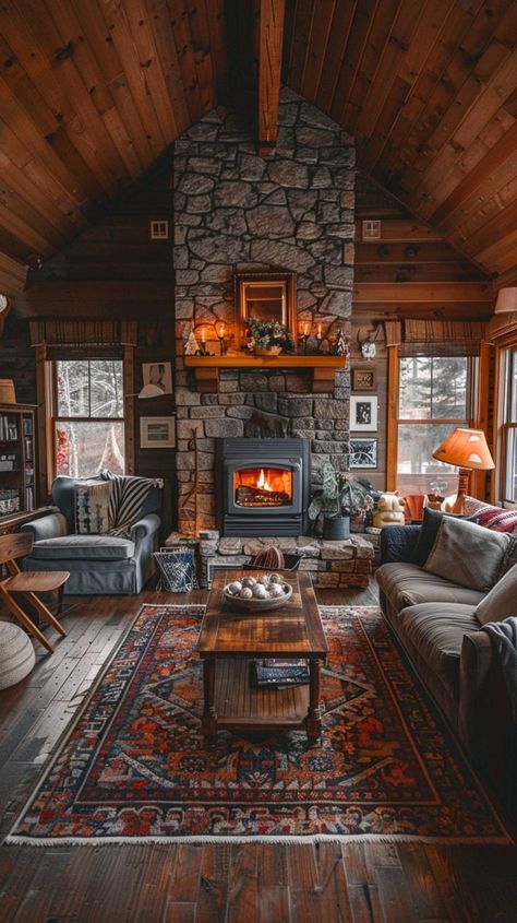 Cozy cabin living room with stone fireplace, wooden interiors, plush furniture, and views of tranquil forest surroundings. A perfect retreat for relaxation in nature. Cabin Furniture Living Room, Warm Living Room, Barn Remodel, Cottage Interior Design, Cabin Fireplace, Forest Setting, Log Cabin Furniture, Plush Furniture, Cabin Living Room