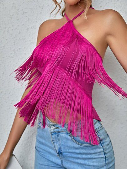 Pink Embellished Top, Fringe Top Outfit, Fringe Halter Top, Fringe Tops, Dance Style Outfits, Halter Shirt, Fringe Clothing, Pink Peacoat, Fringe Tank Top