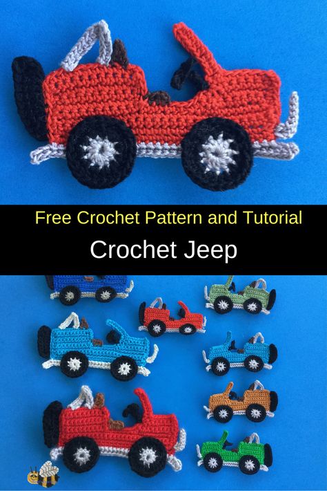 Get this free crochet pattern of a crochet jeep. This and many other crochet patterns are available on my website, Kerri's Crochet. #FreeCrochetPatterns #CrochetJeep #CrochetVehicles Crochet Jeep Blanket, Crochet Jeep Pattern, Crochet Car Applique Free Pattern, Crochet Truck Pattern Free, Jeep Crochet, Crocheting Accessories, Jeep Ducks, Marque-pages Au Crochet, Crochet Appliqué