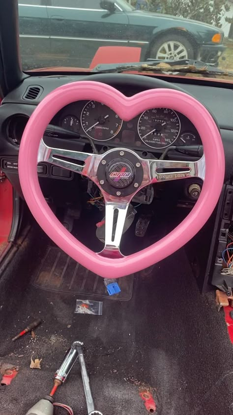 Ways To Decorate Your Car, Heart Steering Wheel, Decorating With Pink, Na Miata, Miata Car, Pink Wheels, Pink Cars, Pink Car Accessories, Pink Jeep