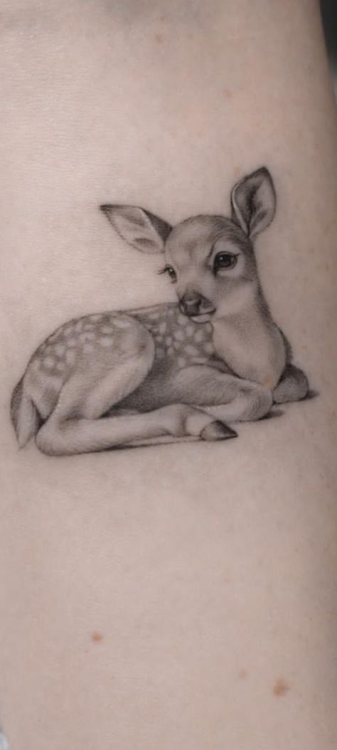 Simple Fawn Tattoo, Deer Fawn Tattoo, Doe Deer Tattoo, Deer Neck Tattoo, Two Deer Tattoo, Deer And Butterfly Tattoo, Doe Deer Tattoos For Women, Fawn Tattoo Design, Deer Small Tattoo