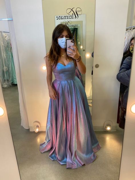 Holographic Ball Gown, Holographic Dress Prom, Holographic Dress Outfit, Purple And Blue Prom Dress, Holographic Prom Dress, Shiny Prom Dresses, Holographic Outfit, Holographic Dress, Glitter Dresses