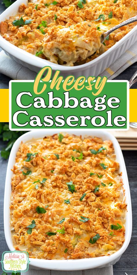 Turn a simple head of cabbage into this delicious Cheesy Cabbage Casserole #cabbagecasserole #cabbage #cabbagerecipes #casseroles #southernfood #southernrecipes #vegetarian #sidedishrecipes via @melissasssk What To Make With A Head Of Cabbage, Vegetarian Cabbage Casserole, Scalloped Cabbage 12 Tomatoes, Shredded Cabbage Casserole, Green Cabbage Casserole, Side Dish With Cabbage, Cabbage Casserole With Corn Flakes, Cabbage Mac And Cheese, Cabbage And Onion Casserole