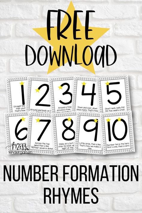 These FREE number formation rhymes are perfect for a preschool or kindergarten classroom. Help your students learn correct number formation using these simple and easy-to-remember rhymes! Grab this free printable to display the number rhymes in your classroom. Teaching Numbers To Kindergarten, Number Review Activities For Preschool, Number Theme Preschool, Teaching Number 2 Preschool, Number 4 Preschool Activities, Preschool Numbers Printables Free, Number Of The Week Activities, Recognizing Numbers Preschool, Number 3 Activities