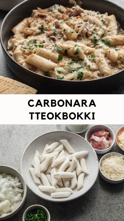 Creamy, cheesy sauce. Chewy, squishy Korean rice cakes. Carbonara Tteokbokki is the non-spicy Korean Rice Cake dish that's good as a snack, appetizer, or main meal! Cheesy Rice Cakes, Rice Cake Noodle Recipes, Asian Rice Cake Recipes, Creamy Tteokbokki, Non Spicy Tteokbokki, Tteokbokki Recipes, Teokkboki Recipes, Korean Rice Cake Recipe, Cheesy Tteokbokki