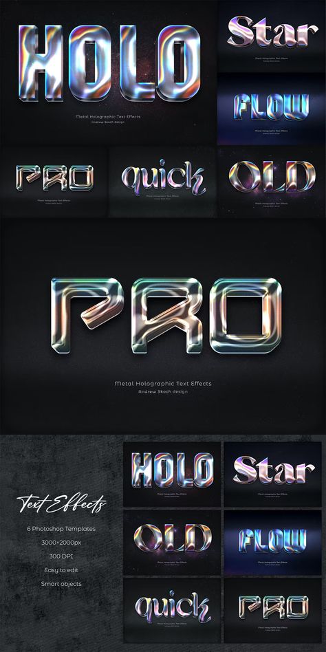 Metal Holographic Text Effects for Photoshop. 6 Different Styles. Holographic Design, Photoshop Styles, Layer Style, Photoshop Template, Text Effects, Design Template, Different Styles, Design Trends, Photoshop