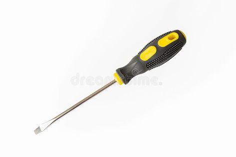 A screwdriver. A working tool. Flat screwdriver on a white background. Repair and construction stock image Construction Advertisement, Flat Screwdriver, Working Tool, Screwdriver, White Background, Stock Images, Repair, Tools, White