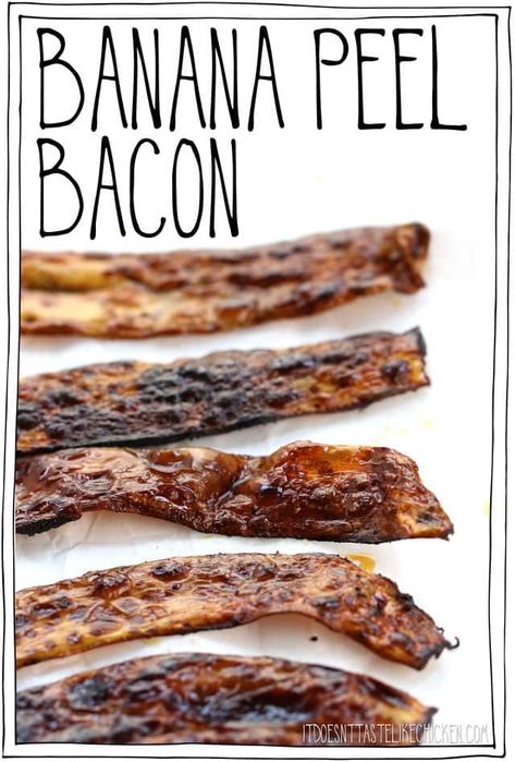 Banana Peel Bacon! A vegan bacon recipe made from the banana peels that you would otherwise toss away. Crispy, chewy, smoky, salty, slightly sweet, and has a subtle hint of banana taste which is actually quite delicious! Make this the next time you peel a Banana Peel Bacon, Vegan Bacon Recipe, Vegan Pulled Pork, Banana Peels, Breakfast Cookies Healthy, Bacon Recipe, Vegan Bacon, Banana Peel, Bacon Recipes