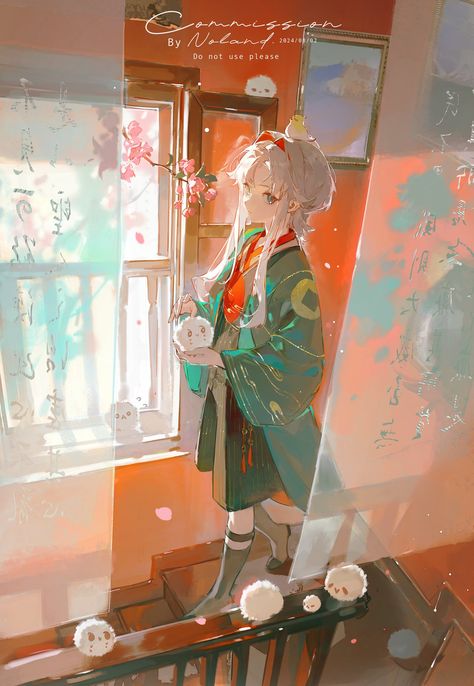 Noland (@noland0707) on X View Reference, Green Kimono, Blossom Branch, Cherry Blossom Branch, Fantasy Art Landscapes, Historical Art, Art Characters, Ethereal Art, Drawing Artwork