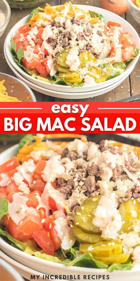 This Big Mac salad recipe is incredibly easy to make. It is a green salad topped with seasoned ground beef, tomatoes, shredded cheese, onion pickles, plus a homemade dressing! With this recipe you'll get all the flavors of a McDonald’s Big Mac but in a salad form. This scrumptious healthy recipe is sure to be a new family favorite. Try it for lunch or dinner today! Salads Recipes For Dinner Easy, Ground Beef Salads, Celiac Snacks, Big Mac Salad Recipe, Keto Big Mac Salad, Easter Apps, Mac Salad Recipe, 3 Ingredient Dinners, Big Mac Salad