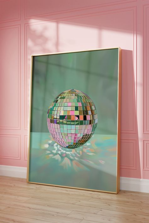 Brighten your space with this printable wall art featuring a disco ball on a soft green background. This maximalist painting, available as an instant digital download, brings a trendy dopamine decor vibe with its pastel green and pink maximalist poster design. Perfect for living room decor, it adds a preppy touch with its mirror ball motif. Green And Pink Wall Art, Living Room Decor Colorful, Pink Maximalist, Dopamine Design, Maximalist Painting, Disco Ball Painting, Trendy Living Room Decor, Disco Ball Art, Maximalist Poster