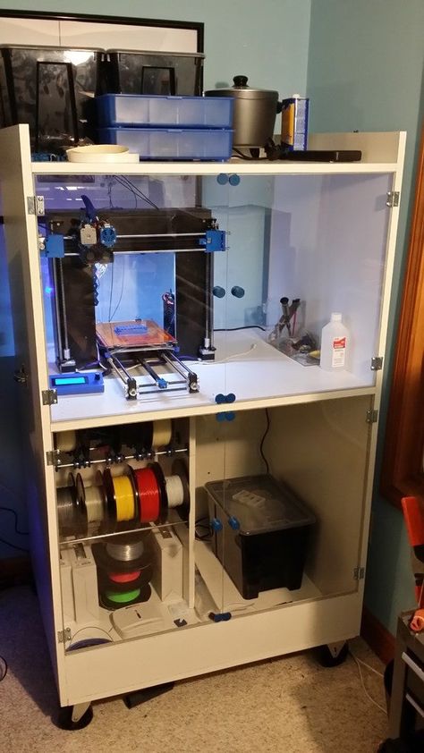 Makes of Cabinet for printer, dry storage for filament with easy change system and tooling. 3D Printing on Wheels - workstation by McSquid - Thingiverse 3d Printer Enclosure, 3d Tiskárna, Printer Storage, Printer Cabinet, Drukarka 3d, Machine 3d, 3d Printing Machine, 3d Printing Business, 3d Printer Designs