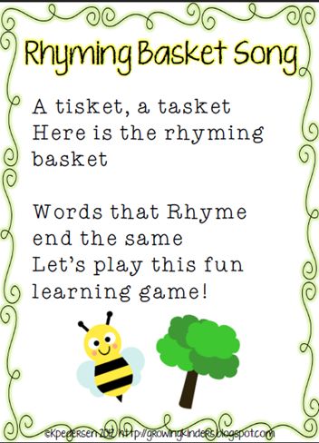 "Rhyming Basket" Song & Lakeshore Learning Vowel Teaching Tubs Rhyming Basket For Preschool, Rhyming Games For Preschoolers, Rhythm And Rhyme Activities, Preschool Word Of The Day, Preschool Phonological Awareness Activities, Rhyming Songs Preschool, Phonemic Awareness Songs, Rhyming Words Preschool Activities, Kindergarten Phonemic Awareness Activity