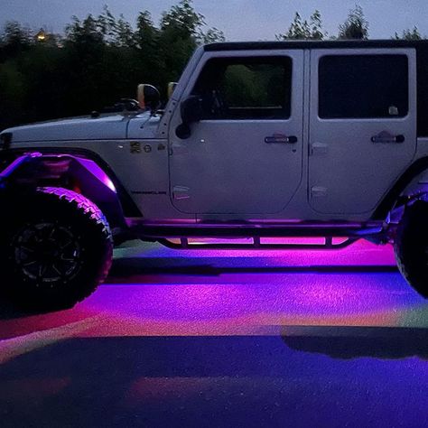 Led Lights Car Aesthetic, White Lifted Truck With Pink Lights, Led Light Car Interior, Led Truck Lights, Jeep Interior Lights, Lifted Trucks Aesthetic, Led Lights For Car, Led Lights Under Car, Under Car Lights