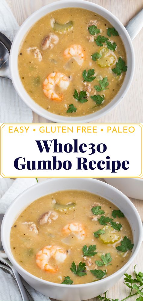 Packed with a paleo roux plus chicken, sausage, shrimp, vegetables, herbs, and a kick of spice, you’ll be left wanting more of this easy Whole30 Gumbo recipe. This healthy Louisiana gumbo recipe is perfect for cooler temperatures to warm you up! Whole 30 Gumbo, Whole30 Gumbo, Paleo Gumbo Recipe, Healthy Gumbo Recipe, Louisiana Gumbo Recipe, Paleo Gumbo, Louisiana Gumbo, Chicken And Sausage Gumbo, Sausage Shrimp