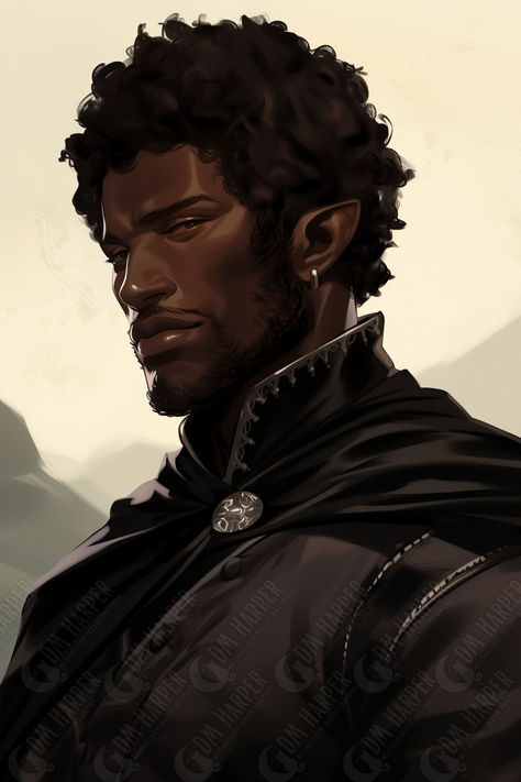 Xolkin Alassandar, lawful evil, male half-elf Zhentarim Captain Orc Priest, Half Elf Character Design, Evil King Character Design, Black Elf Male, Dnd Sailor, Male Elf Character Design, Half Elf Male, Afro Character, Lawful Evil