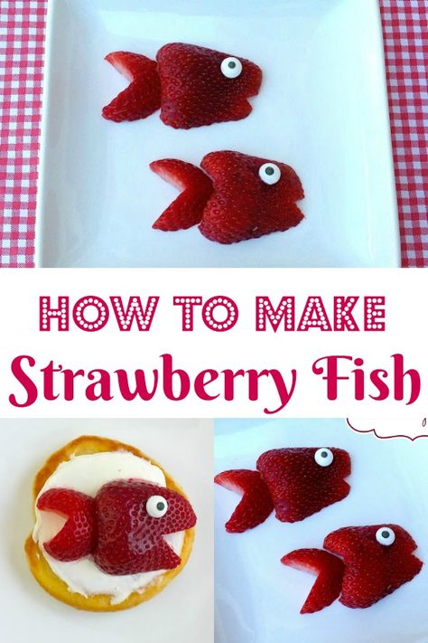 Strawberry Animals Snack, Fish Themed Appetizers, Animal Shaped Snacks, Fish Shaped Fruit Platter, Fruit Sea Creatures, Healthy Ocean Themed Snacks, Ocean Themed Breakfast, Fish Shaped Charcuterie Board, Fish Snacks For Kids