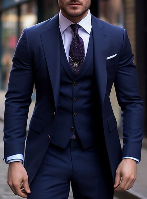 Mens Dress Suits Ideas, Three Piece Suit Mens Navy Blue, Grooms Navy Blue Suit Wedding, Mens Blue Tux Wedding, Mens Suits Outfits, Men’s Wedding Tux Styles, Men’s Blue Suits, Navy Blue Wedding Suit Groom Attire, Best Suits For Men Wedding