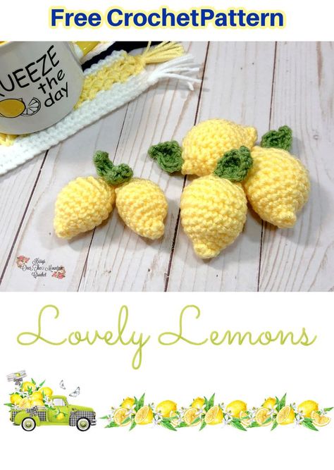 Crochet lemons in two sizes Crochet Lemons Free Pattern, Crochet Lemon Garland, Lemon Clothes, Crochet Lemon Pattern Free, Crochet Lemons, Lemon Crochet, Crochet Lemon Coaster Pattern Free, Crochet Lemon, Crochet Lemon Pattern