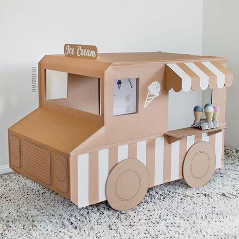 Kathryn (@cardboardfolk) • Instagram photos and videos Diy Ice Cream Truck Cardboard Boxes, Ice Cream Truck Cardboard, Cardboard Ice Cream, Cardboard Box Houses, Toys Template, Ice Cream Car, Cardboard Box Car, Diy Cardboard Toys, Cardboard Crafts Kids