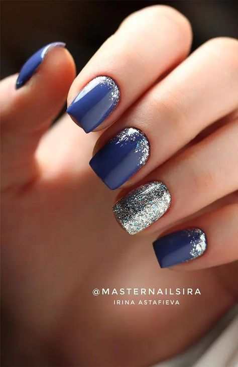 45+ Stunning Navy Blue Nails To Try Right Now | Navy Blue Nail Designs Dark Gel Polish Nail Designs, Navy Elegant Nails, Royal Blue Trendy Nails, Royal Blue Nails Elegant, Silver Wedding Nails Bridesmaid, Wedding Nails Bridesmaid Navy Blue, Navy With Silver Nails, Navy And Sparkle Nails, Navy Nail Polish Ideas