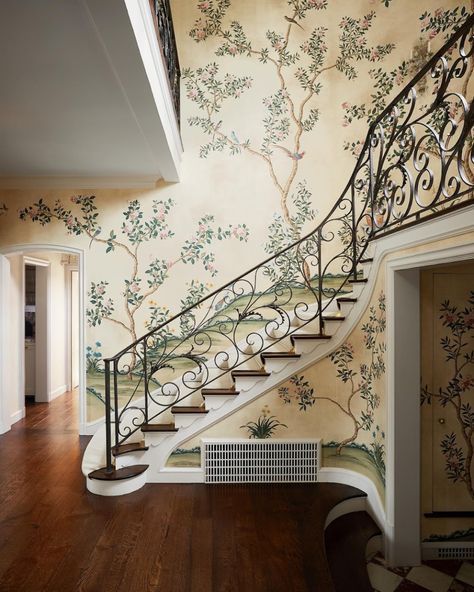 Wallpaper Stairwell, Staircase Wallpaper, Wallpaper Staircase, Southern Couple, Walter Anderson, Houston Houses, Fairhope Alabama, Staircase Wall, French Cottage