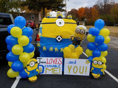 Balloon pillars, dollar tree foam board signs, dollar tree table cloths. Christian Truck Or Treat Ideas For Cars, Minion Trunk Or Treat Ideas For Trucks, Trunk Or Treat Minion Theme, Trunk Or Treat Ideas For Trucks Church, Minions Trunk Or Treat Ideas, Despicable Me Trunk Or Treat, Minion Trunk Or Treat Ideas, Minions Trunk Or Treat, Minion Trunk Or Treat