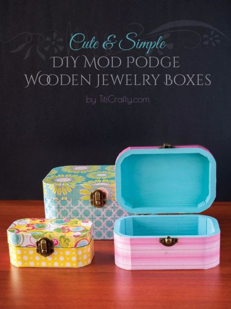 Mod Podge Crafts - DIY Mod Podge Wooden Jewelry Boxes - DIY Modge Podge Ideas On Wood, Glass, Canvases, Fabric, Paper and Mason Jars - How To Make Pictures, Home Decor, Easy Craft Ideas and DIY Wall Art for Beginners - Cute, Cheap Crafty Homemade Gifts for Christmas and Birthday Presents http://diyjoy.com/mod-podge-crafts Diy Trinket Box, Jewerly Box Diy, Mod Podge Projects, Diy Mod Podge, Mod Podge Crafts, Jewerly Boxes, Diy Ombre, Jewelry Box Diy, Operation Christmas Child