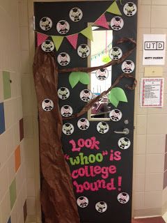 Good back to school bulletin board! 3rd Grade's a Hoot College And Career Week, College Theme, Door Decorations College, College Bulletin Boards, College Counselor, Camping Classroom, School Door Decorations, Door Decorating Contest, School Doors