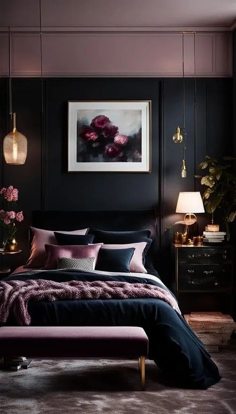 Dark Botanical Bedroom, Moody Purple Bedroom, Feminine Bedroom Design, Housing Decor, Bedroom 2024, Bedroom Stuff, Purple Bedrooms, Feminine Bedroom, Apartment Makeover