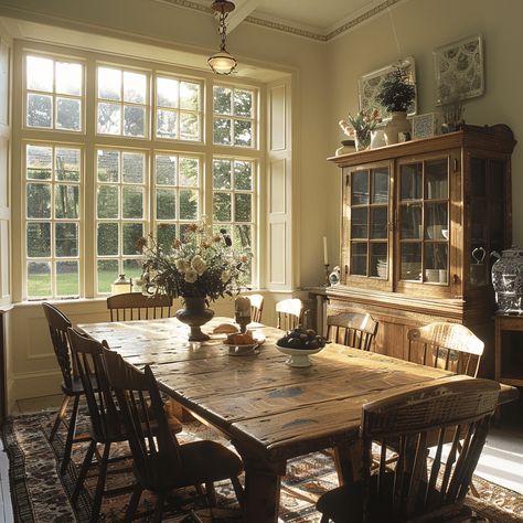 An English countryside dining room with a large, rectangular farmhouse table, comfortably seating up to eight people Dining Room Beside Kitchen, Cottage Formal Dining Room, Cottage Aesthetic Dining Room, Dining Room Design Inspiration, English Farmhouse Dining Room, English Farmhouse Aesthetic, English Country House Dining Room, Dining Table Styles, English Countryside Aesthetic House Interior