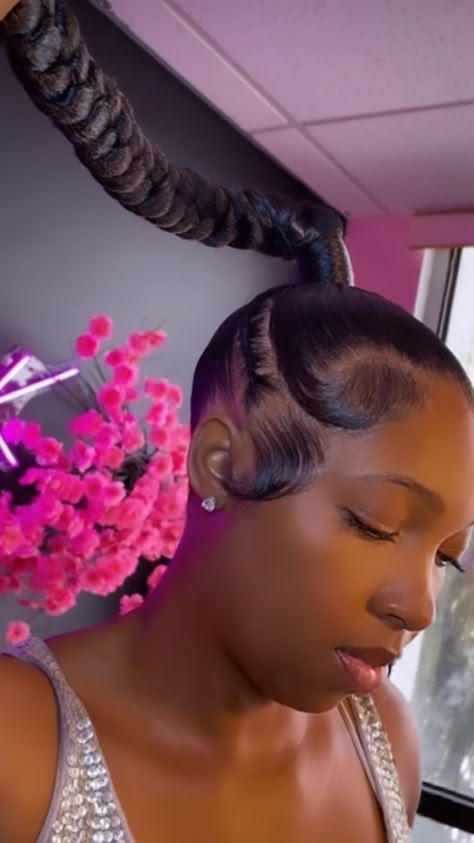 Middle Part Hairstyles For Black Women Ponytail, Two Braids Quickweave, Blue And Black Outfit Ideas, Hair Asethic, Braid Ponytail For Black Women, Sleek Ponytail Black Women, Braided Ponytail Hairstyles Black Women, Sleek Braided Ponytail, High Ponytail Hairstyles