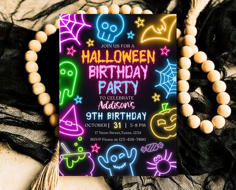 "Unleash Your Halloween Creativity with Our Editable Neon Birthday Party Invitation Template. Get ready to transform into your alter ego and join the spooktacular fun with our customizable Halloween Costume Party Invitation template. Designed to capture the spirit of the season, this template allows you to personalize every detail, from the hauntingly delightful graphics to the party information. Whether you're hosting a costume contest, a thrilling masquerade, or a wickedly fun gathering, our e Neon Halloween Party, Neon Costume, Halloween Invitaciones, Costume Party Invitation, Halloween Invitation Template, Halloween Birthday Party Invitations, Halloween Costume Party Invitations, Fiesta Halloween, Neon Halloween