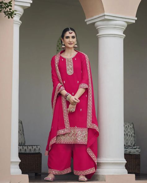 👉Rani Pink Color Real Georgette Fabric Palazzo Suit 👉For More Details WhatsApp : +919978885114 👉www.fabdealvilla.com 👉COD Available 👉Free Shipping 👉Wholesale Rate 👉Quality Guaranteed Hot Pink Indian Outfit, Georgette Plazo, Pink Indian Outfit, Rani Pink, Lehenga Gown, Gown Suit, Georgette Dupatta, Fabric Embroidery, Pink Suit