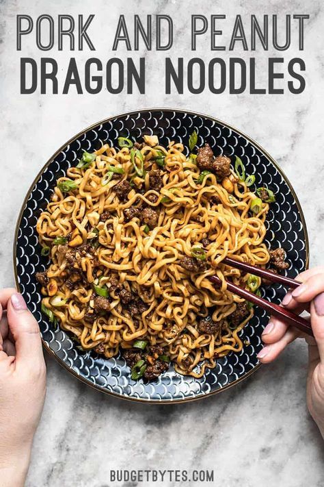 Pork and Peanut Dragon Noodles Dragon Noodles, Noodles Recipe, Food Sweet, Easy Comfort Food, Pork Dishes, Asian Dishes, Chopsticks, Weeknight Meals, Pork Recipes