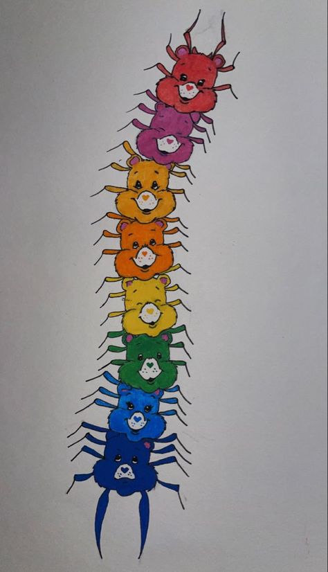 Carebear Centipede Tattoo, Carebear Paintings, Carebears Tattoos, Carebear Drawing, Bluey Tattoo Ideas, Chowder Tattoo, Cursed Art, Centipede Tattoo, Cute Halloween Tattoos