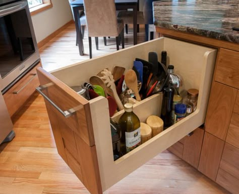 Chef's Drawer.  Drawer with a low side typically located right next to the stove, and filled with things you would use while cooking such as olive oil, salt and spoons.  This keeps all those items easily accessible and OFF YOUR COUNTERS. Drawers Beside Stove, Oil Drawer Kitchen, Oil Storage Kitchen, Cooking Oil Storage, 2025 Kitchen, Tiny Castle, No Upper Cabinets, Spice Drawer, Kitchen Drawer Organization