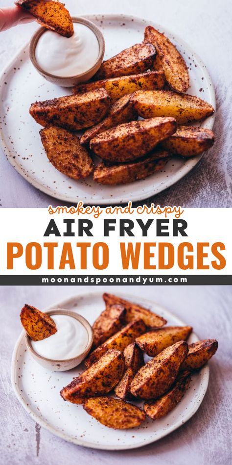 A 4th of July appetizer recipe featuring air-fried potato wedges! Crispy with a nice smoky kick, these air fryer potato wedges are sure to be a hit. This party food idea is also gluten-free, vegan, dairy-free, soy-free, and nut-free! Air Fryer Potato Wedges, Gluten Free Recipes Appetizers, Gluten Free Party Food, Air Fryer Potato, Crispy Potato Wedges, Vegan Appetizers Recipes, Potato Wedges Recipe, Wedges Recipe, Gluten Free Appetizers