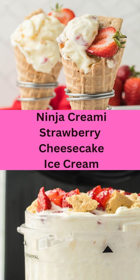 Ninja Creami Strawberry Cheesecake Ice Cream—crafted with fresh strawberries and cheesecake-flavored pudding mix! Ninja Creami Cheesecake Ice Cream, Ninja Creami Strawberry Cheesecake, Cheesecake Ice Cream Recipe, Toffee Ice Cream, Butterscotch Ice Cream, Strawberry Cheesecake Ice Cream, Ice Cream Crafts, Pumpkin Ice Cream, Peach Ice Cream