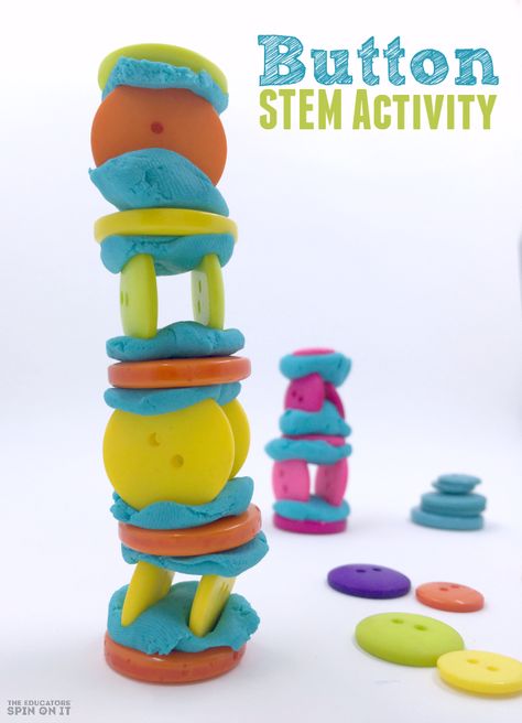 Create this fun Button STEM Activity Challenge with your Kids.  A quick activity that challenges your child's fine motor skills and critical thinking skills.  Plus great for on the go too! Stem Bins, Kindergarten Stem, Steam Ideas, Preschool Stem, Challenges Activities, Stem Challenge, Stem Activity, Steam Activities, Kindergarten Science