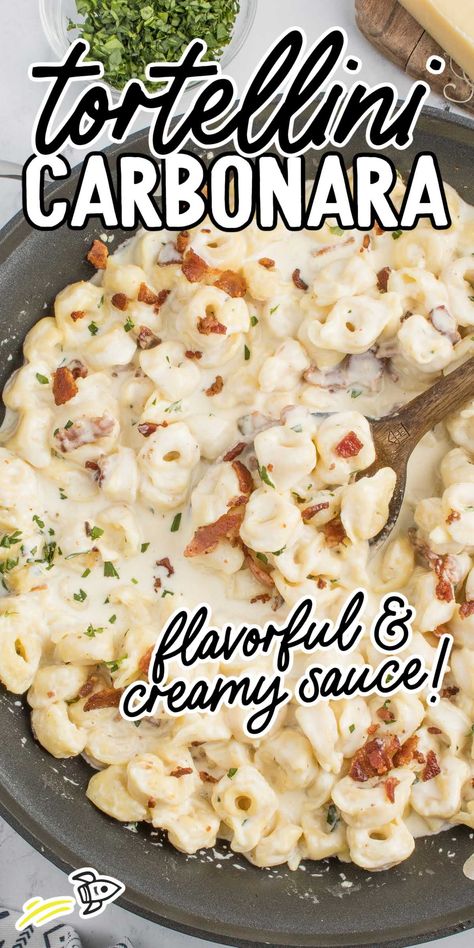 Tortellini Carbonara Simple Sunday Dinner Meals, Tortellini Carbonara, Skillet Suppers, Easy Tortellini Recipes, Tortellini Casserole, Cheese Tortellini Recipes, Apartment Recipes, Yummy Nummies, 2023 Recipes