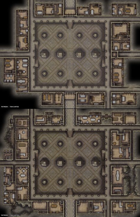 Numerous residential areas fill much of the sprawl of underground tunnels, each centred around an enormous sunken plaza. During the city's heyday, this space was used for civic celebrations, concerts, markets, parades and all manner of community activities. Now they are often inhabited by the caverns larger intruders. #tomcartos #battlemap #map #ttrpg #dnd #dungeonsanddragons #pathfinder #5e #underdark #dwarf #citadel #plaza #abandoned #underground #kingdom #city Dnd Underground Ruins Map, Dwarven Kingdom, Dwarven City, Building Map, Tabletop Rpg Maps, Underground Cities, Rpg Map, Karten Design, Dnd Monsters