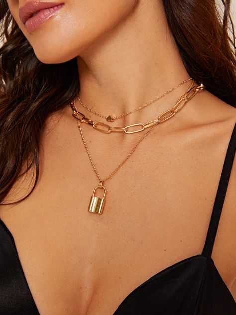 Shein Lock Charm Layered Chain Necklace 1pc Chain Necklace Outfit, Dainty Jewelry Necklace, Necklace Outfit, Layered Chain Necklace, Layered Chain, Heart Lock, Charm Chain, Gold Jewelry Necklace, Layered Chains