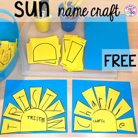 FREE sun name craft plus tons of summer themed activities your preschool, pre-k, and kindergarten kiddos will LOVE! #preschool #pre-k #summertheme Weather Themed Literacy Activities, Start Of Summer Activities For Kids, Under The Sea Name Craft, Summertime Theme Preschool, Preschool Sunshine Activities, Sun Literacy Activities Preschool, Summer Time Preschool Crafts, Kindergarten Jumpstart Ideas, Sunshine Craft Preschool