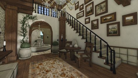 Bloxburg House Lunarzia, Medieval Bloxburg House, Mediterranean Bloxburg Interior, Mediterranean Bloxburg House Interior, Apartment Interior Bloxburg, Bloxburg Antique House, Antique Bloxburg House, Bloxburg Parisian Apartment, Bloxburg Interior Ideas Hallway